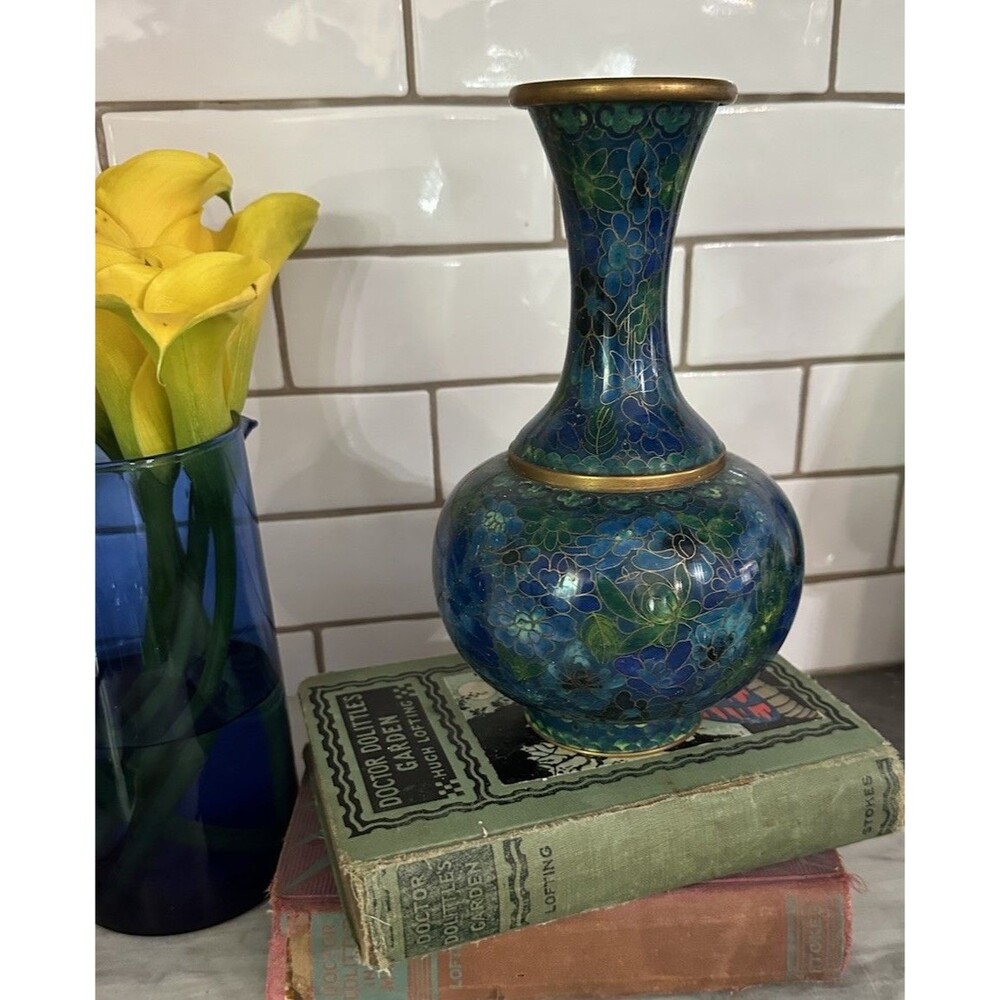 Vintage Chinese Cloisonne Blue Green Botanical Floral Brass Vase 9” Chinoiserie